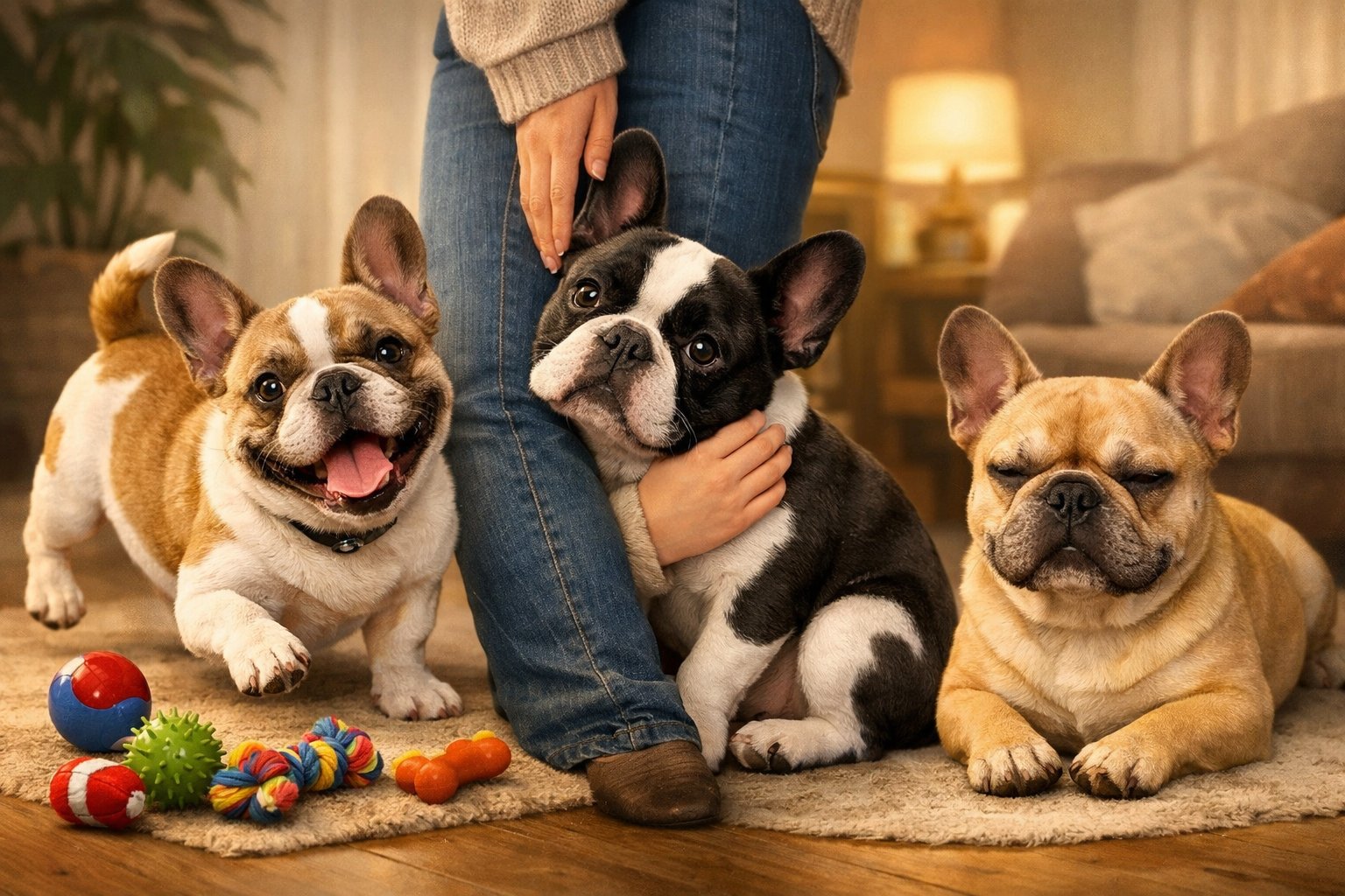 Three French Bulldogs side by side showing different moods: one playful with toys, one leaning affectionately against a person, and one calm and relaxed indoors.