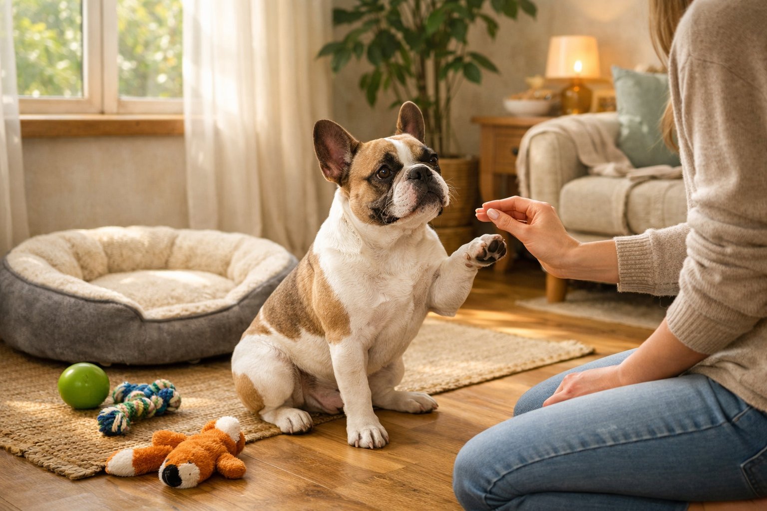 A French Bulldog interacting calmly with a person in a cozy home setting with toys and a dog bed nearby.