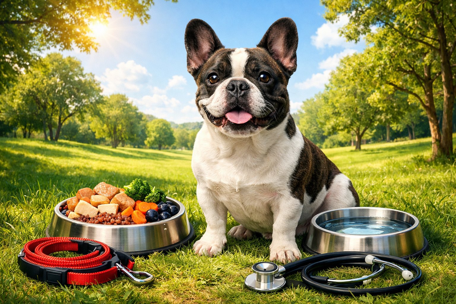 A healthy French Bulldog sitting in a sunny park surrounded by a food bowl, water bowl, leash, and veterinary stethoscope.