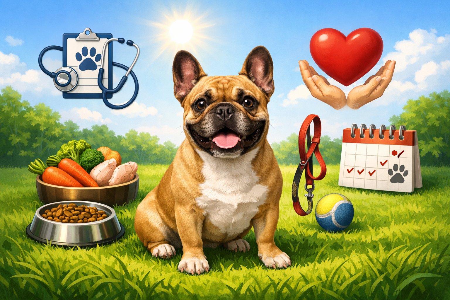 A healthy French Bulldog surrounded by symbols of diet, exercise, veterinary care, love, and regular check-ups in a bright outdoor setting.