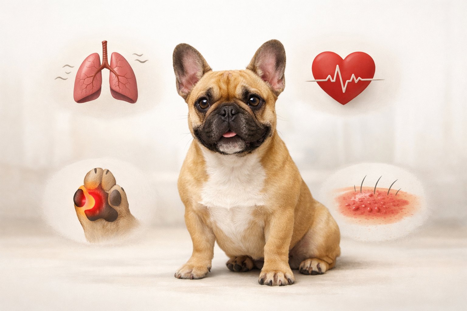 A French Bulldog surrounded by icons representing common health issues like breathing, joints, skin, and heart.