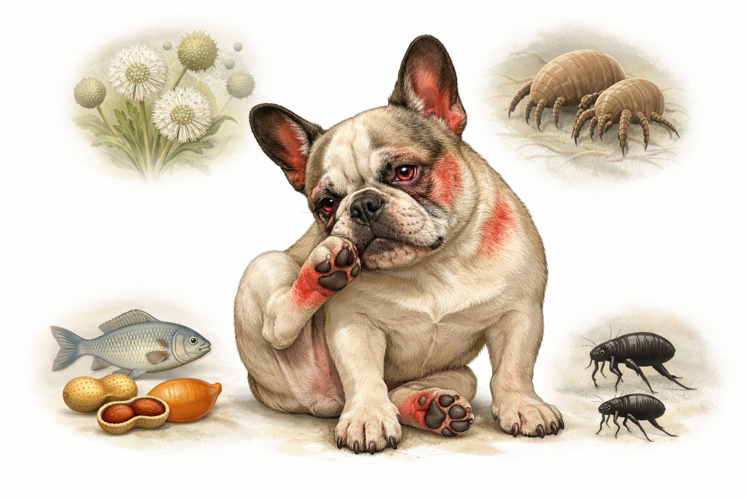 A French Bulldog showing signs of allergies with red eyes and scratching paws, surrounded by icons representing pollen, dust mites, food allergens, and fleas.