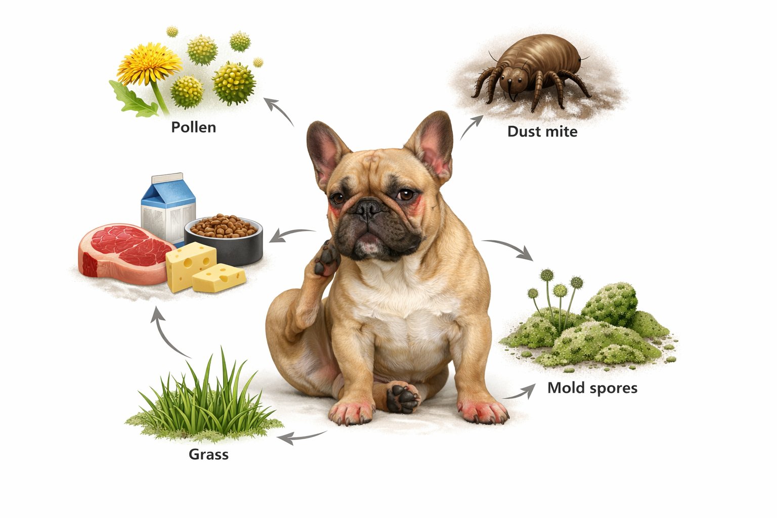 A French Bulldog surrounded by illustrations of common allergy causes including pollen, dust mites, certain foods, grass, and mold spores.