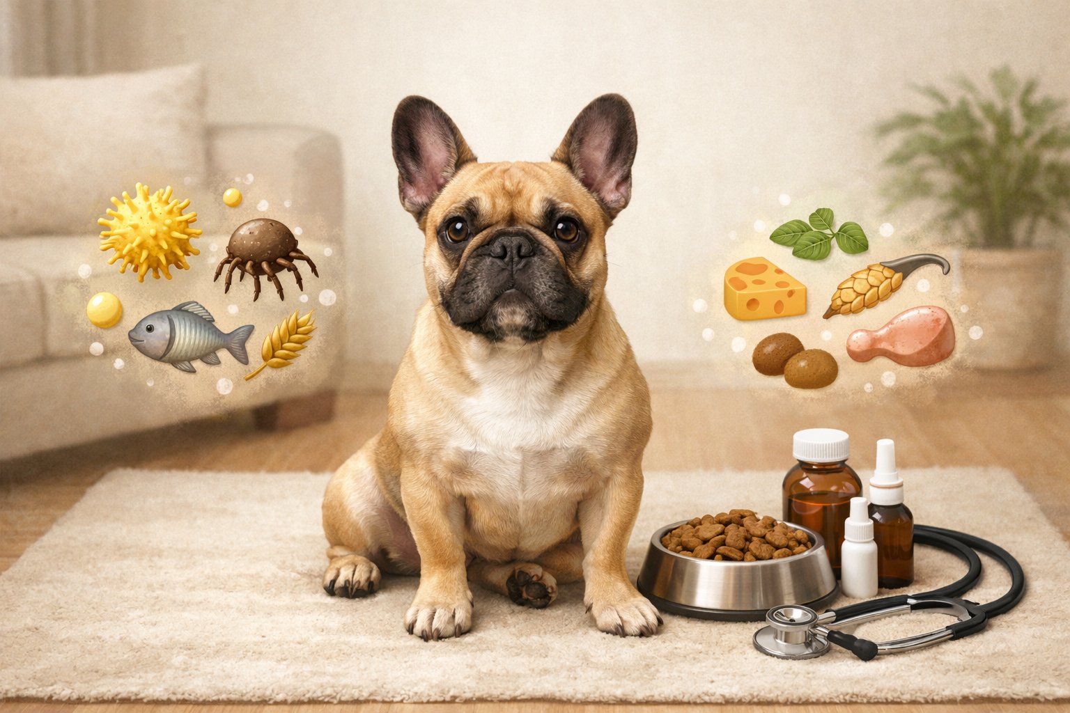 A French Bulldog sitting calmly indoors surrounded by symbols of allergens and allergy treatments.