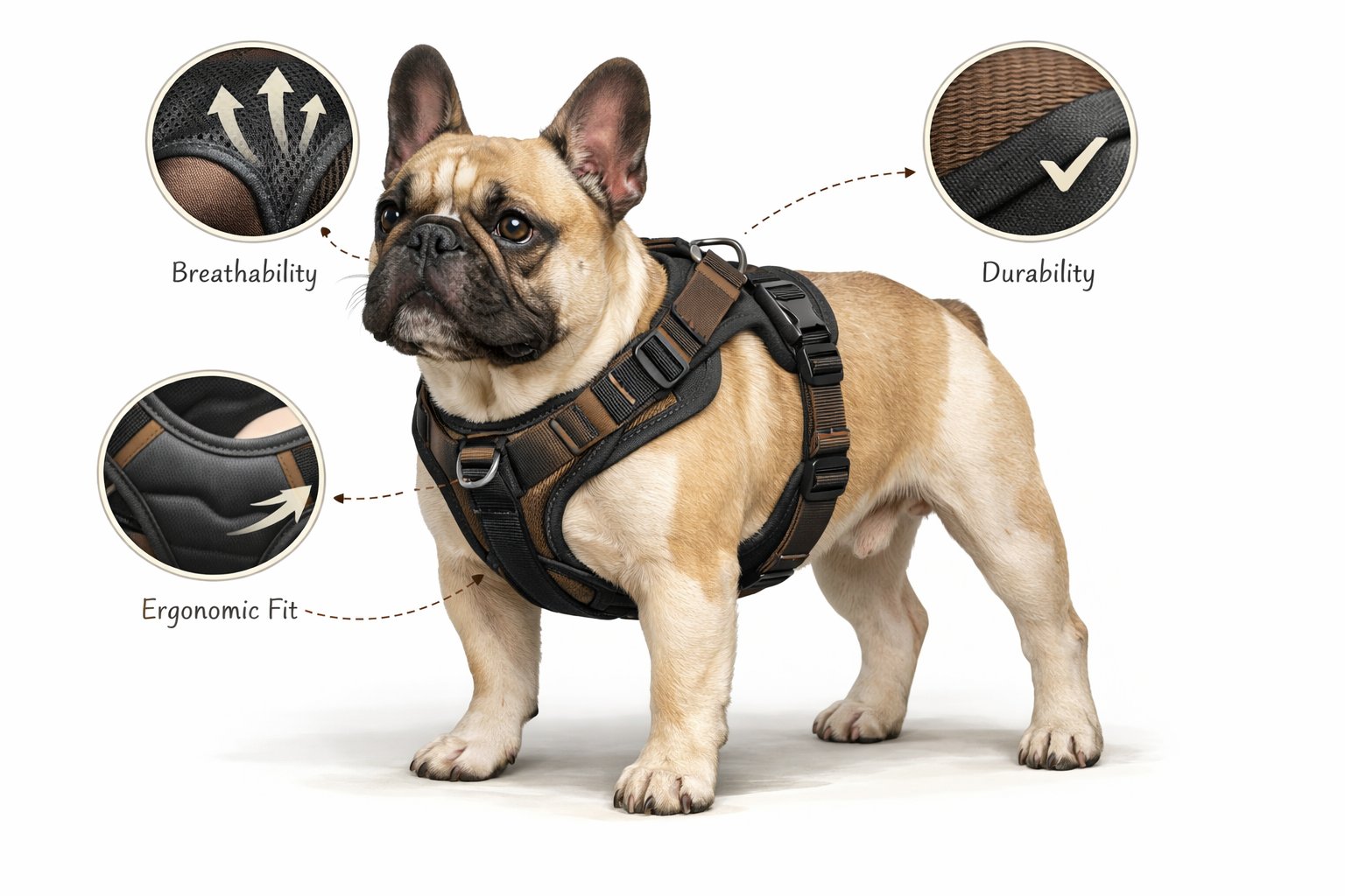 A French Bulldog wearing a specially designed harness that fits its short nose and broad chest, standing naturally with the harness clearly visible.