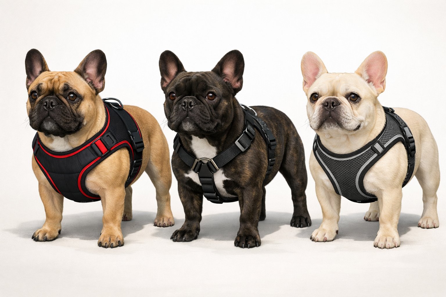Three French Bulldogs wearing different types of harnesses designed to fit their short noses and broad chests, shown side by side.