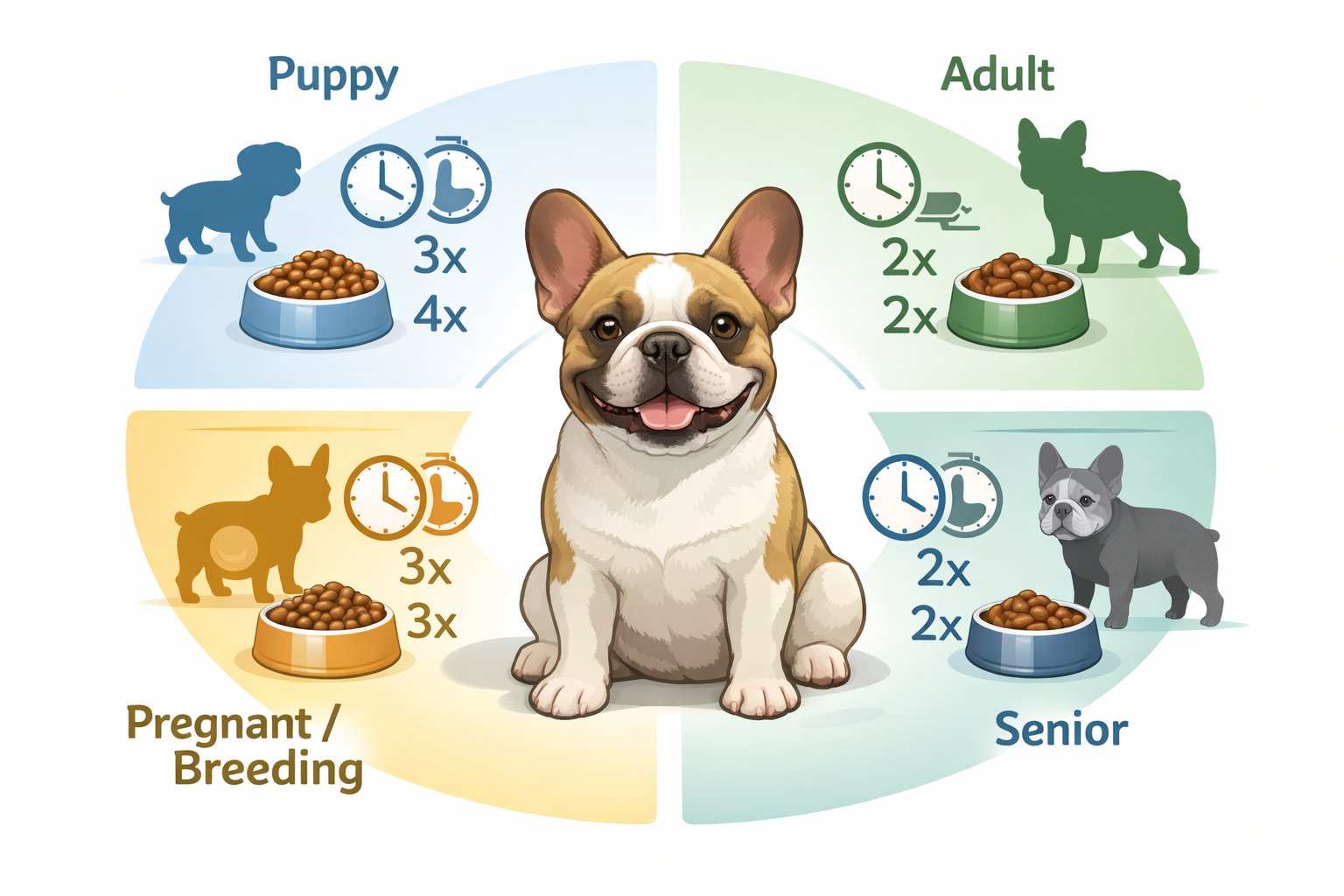 Illustration of a French Bulldog surrounded by four sections showing feeding amounts and times for puppy, adult, senior, and pregnant life stages.