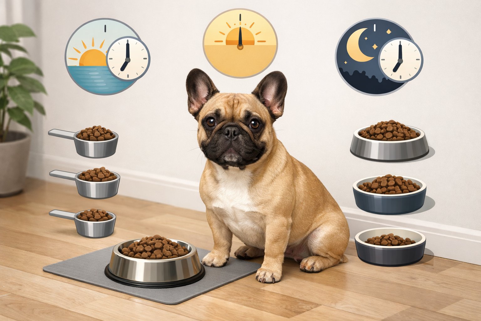 A French Bulldog near a feeding bowl with icons representing feeding times and portion sizes.