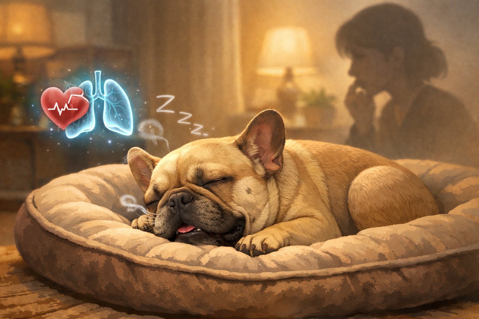 A French Bulldog sleeping on a dog bed with gentle snoring signs, while a person nearby looks concerned.