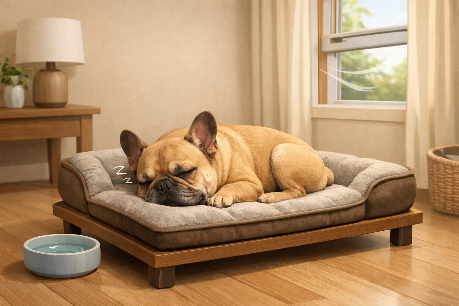 A French Bulldog sleeping peacefully on a dog bed in a cozy living room with a bowl of water and an open window nearby.
