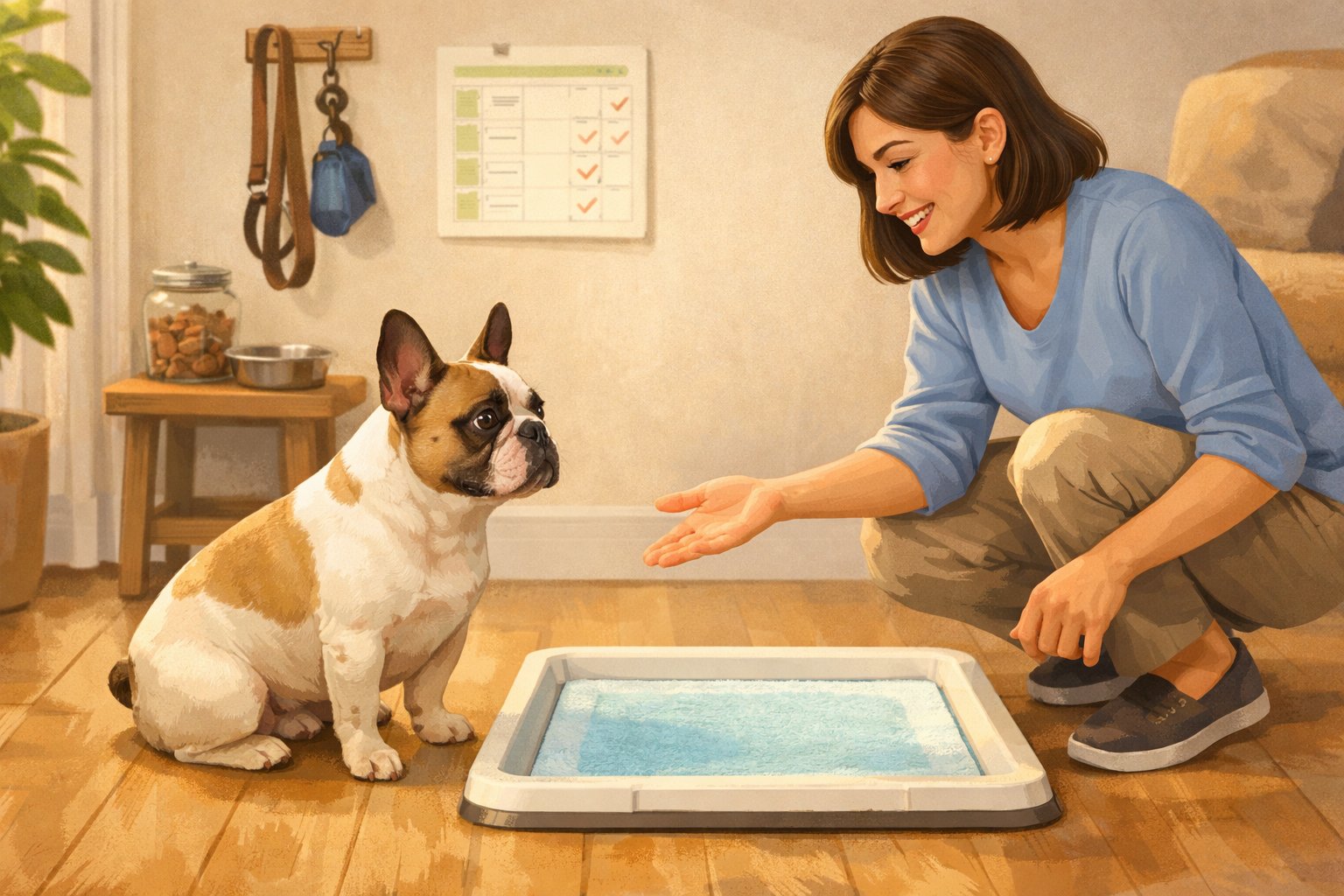 A French Bulldog looking at a potty training pad indoors while a person encourages it gently.