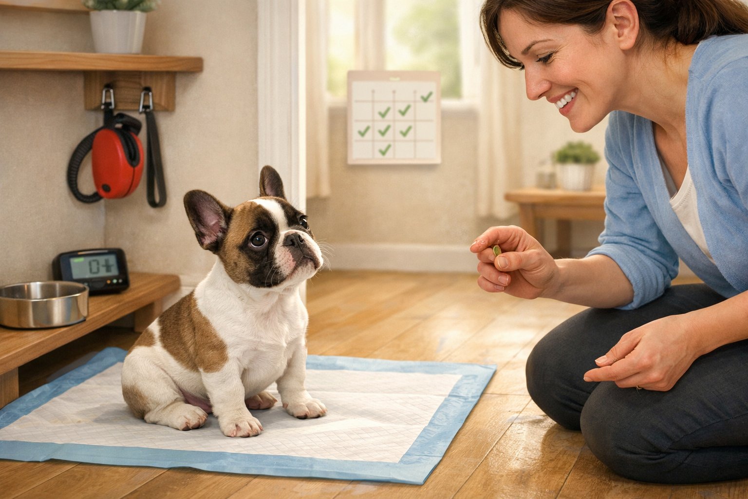 A French Bulldog puppy sitting on a training pad with an adult pointing towards it and holding a treat in a cozy home environment.