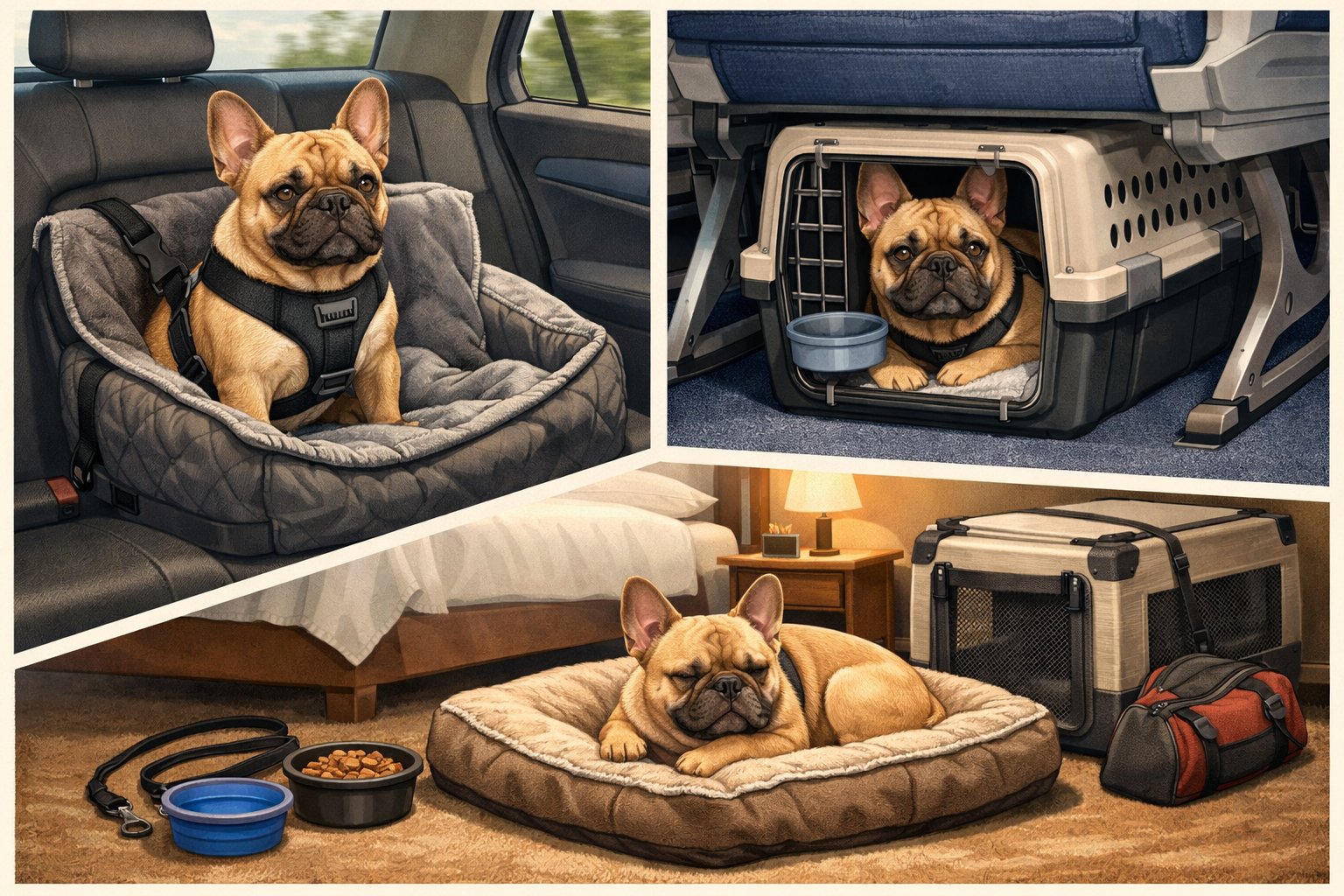 A French Bulldog safely secured in a car seat, resting inside an airline-approved pet carrier on a plane, and relaxing on a dog bed in a pet-friendly hotel room with travel accessories nearby.