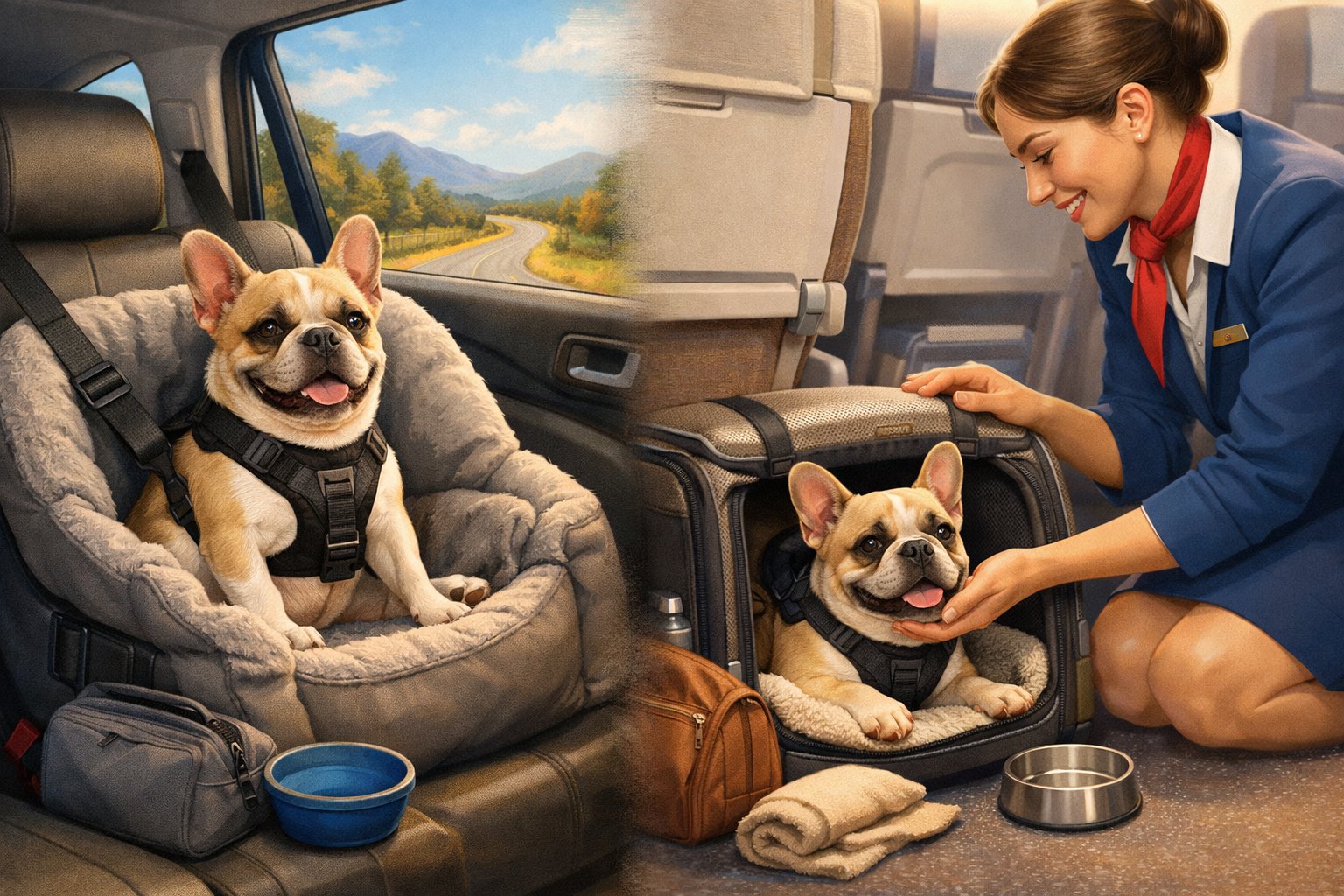 A French Bulldog safely seated in a car seat on one side and inside a pet carrier on an airplane on the other side, with travel accessories nearby.
