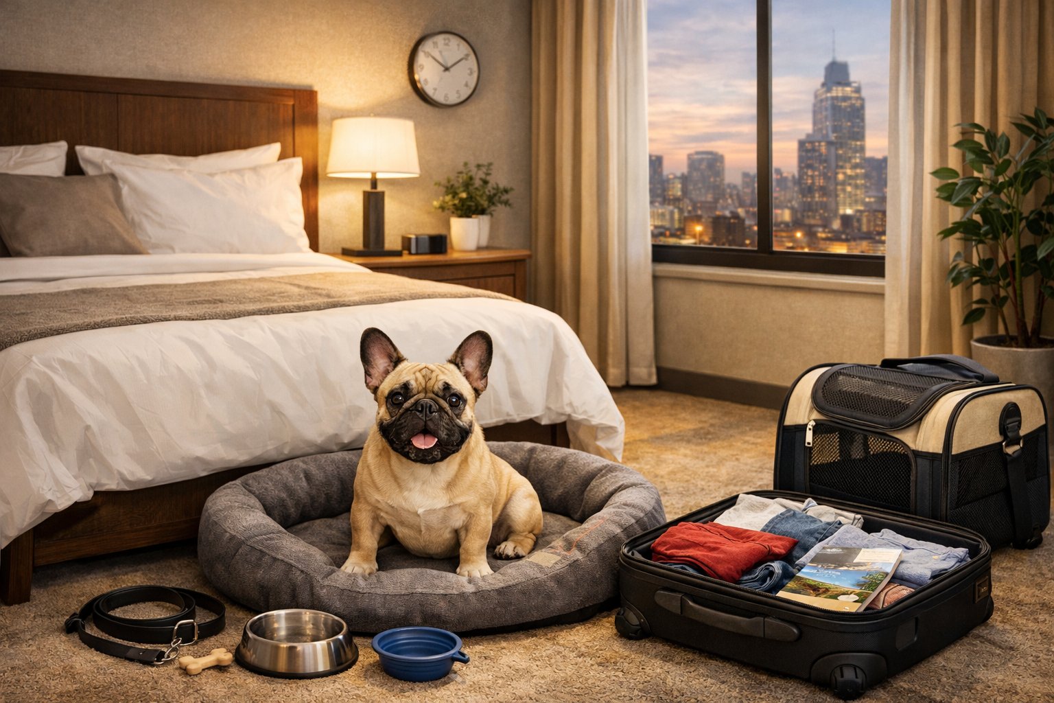 A French Bulldog sitting on a dog bed in a cozy hotel room with travel items like a suitcase, leash, and water bowl nearby.