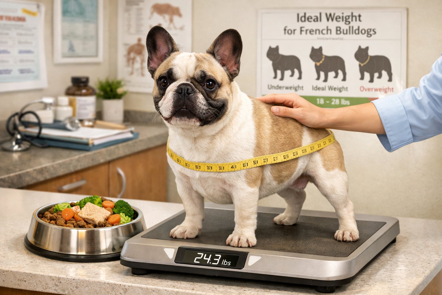 A French Bulldog standing on a scale in a veterinary clinic with a measuring tape around its torso and a balanced food bowl nearby, while a person gently interacts with the dog.