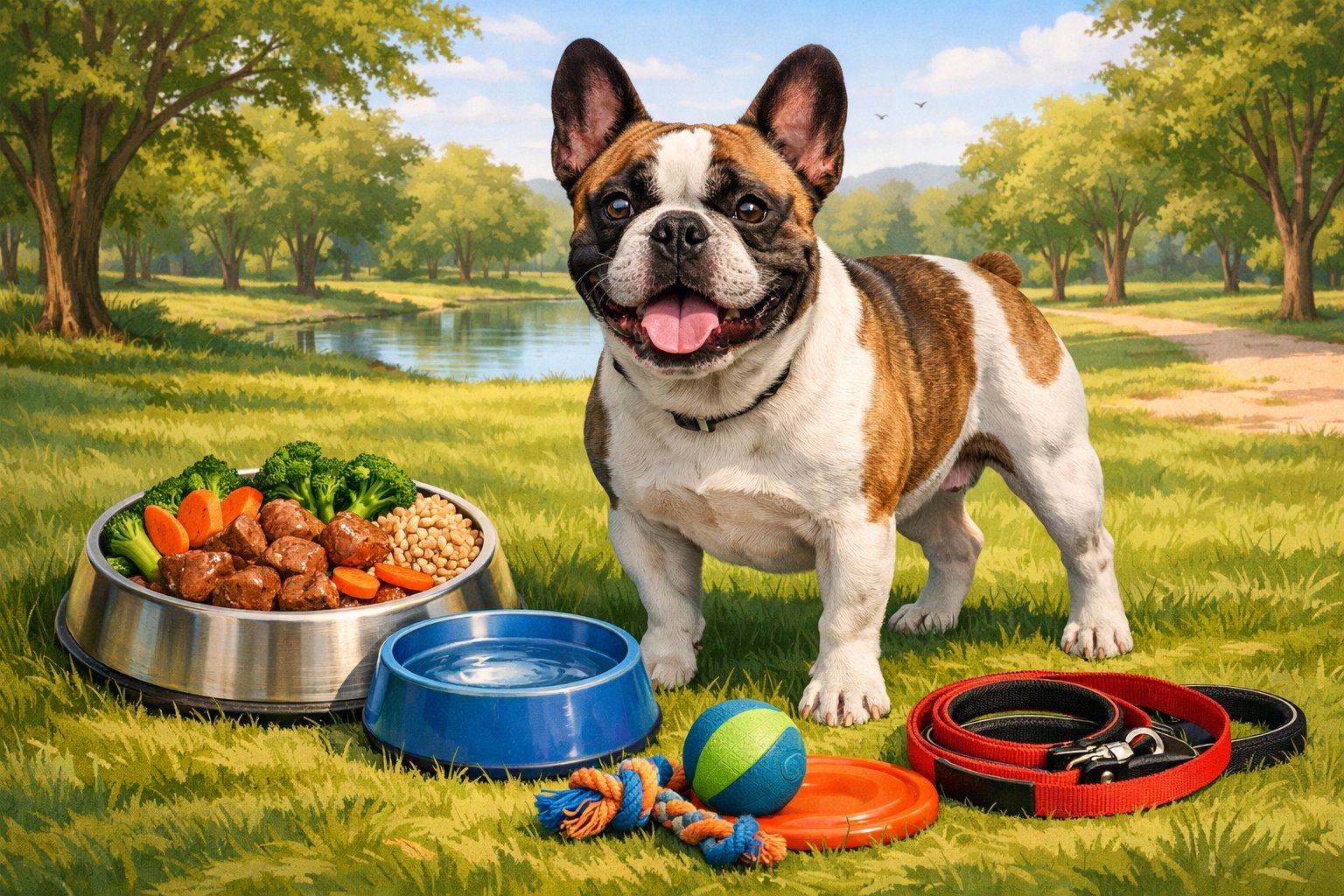 A healthy French Bulldog standing on grass in a park with a bowl of nutritious food, water, leash, and dog toys nearby.