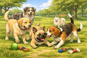 A French Bulldog playing happily with other dogs in a sunny park surrounded by trees and grass.