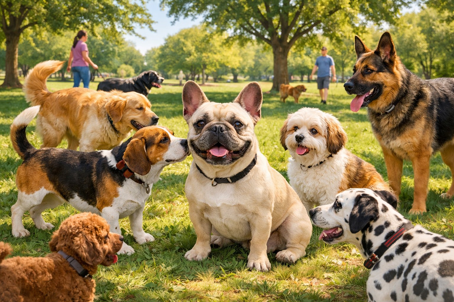 A French Bulldog happily interacting with other dogs in a sunny park with trees and people walking dogs.