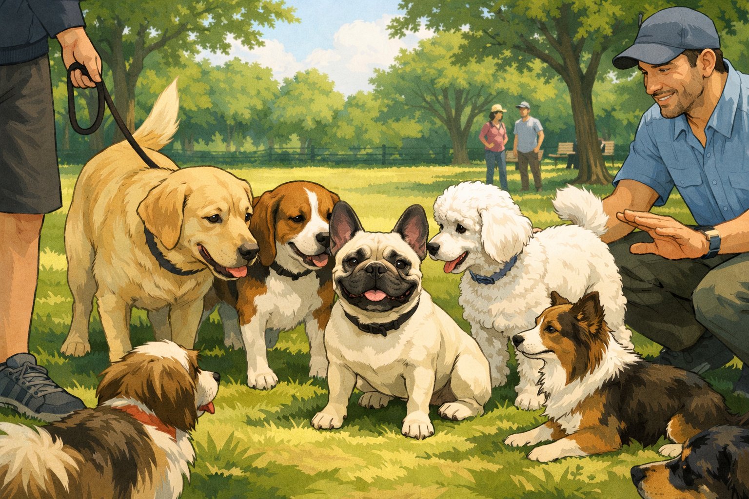 A French Bulldog calmly interacting with several other dogs in a sunny park while a person holds its leash and a trainer watches nearby.