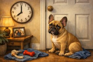 A French Bulldog sitting near a closed door in a living room, looking sad and anxious with a chew toy and blanket nearby.