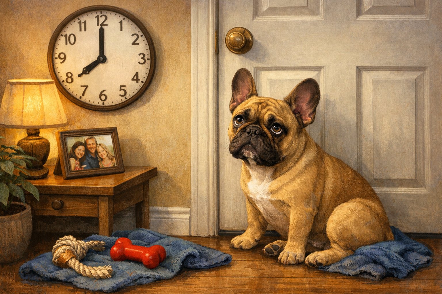 A French Bulldog sitting near a closed door in a living room, looking sad and anxious with a chew toy and blanket nearby.
