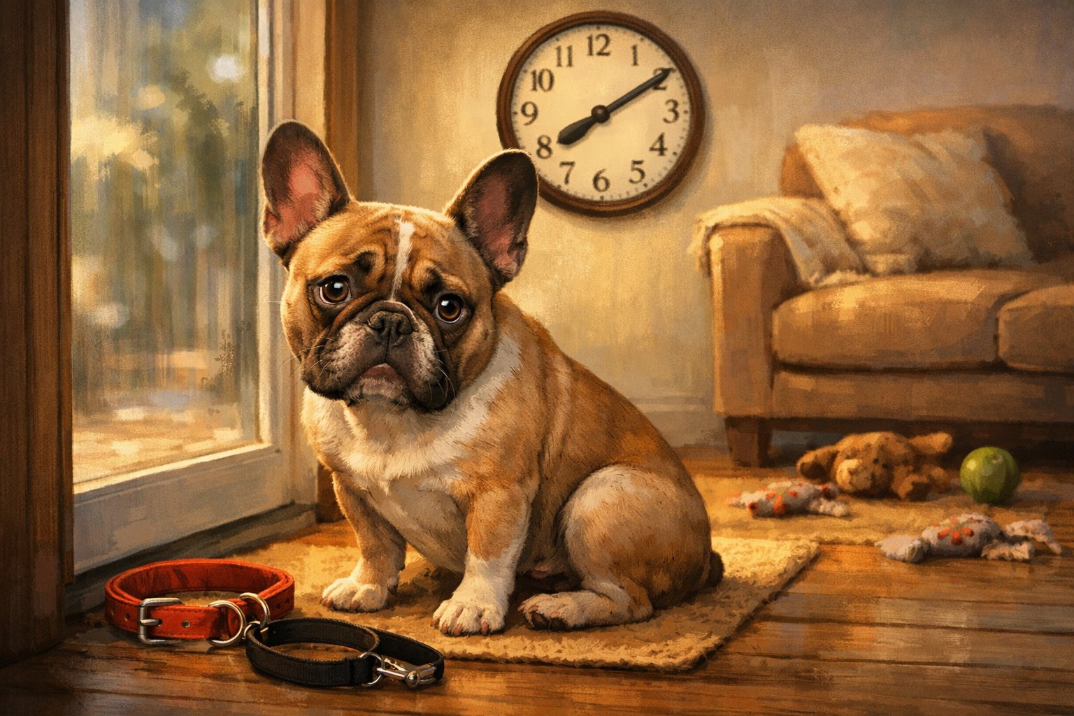 A French Bulldog looking anxious near a doorway in a cozy living room with dog toys and a clock nearby.