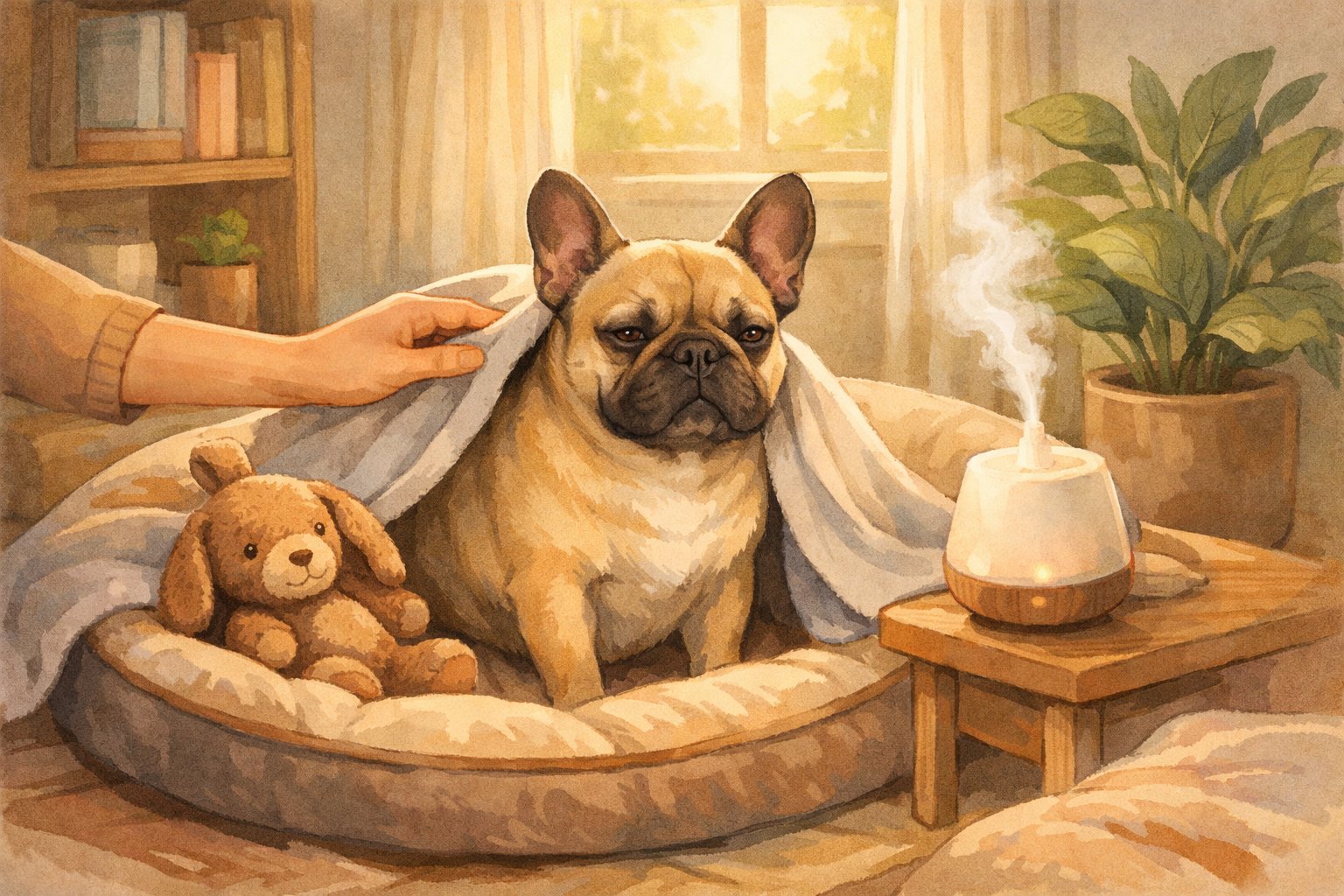 A French Bulldog resting calmly on a dog bed in a cozy living room with a plush toy, a calming diffuser, and a person gently covering the dog with a blanket.