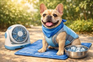 A French Bulldog wearing a cooling vest and bandana, sitting beside a portable fan, cooling mat, and a bowl of ice water in a warm outdoor setting.