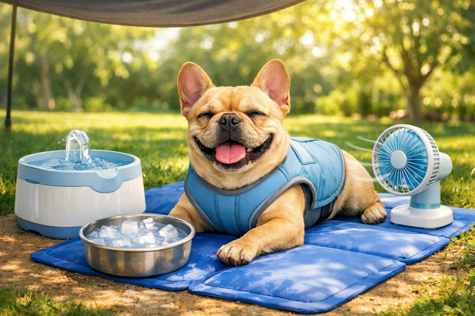 A French Bulldog resting outdoors with cooling and hydration products like a water fountain, cooling vest, and ice water bowl on a sunny summer day.