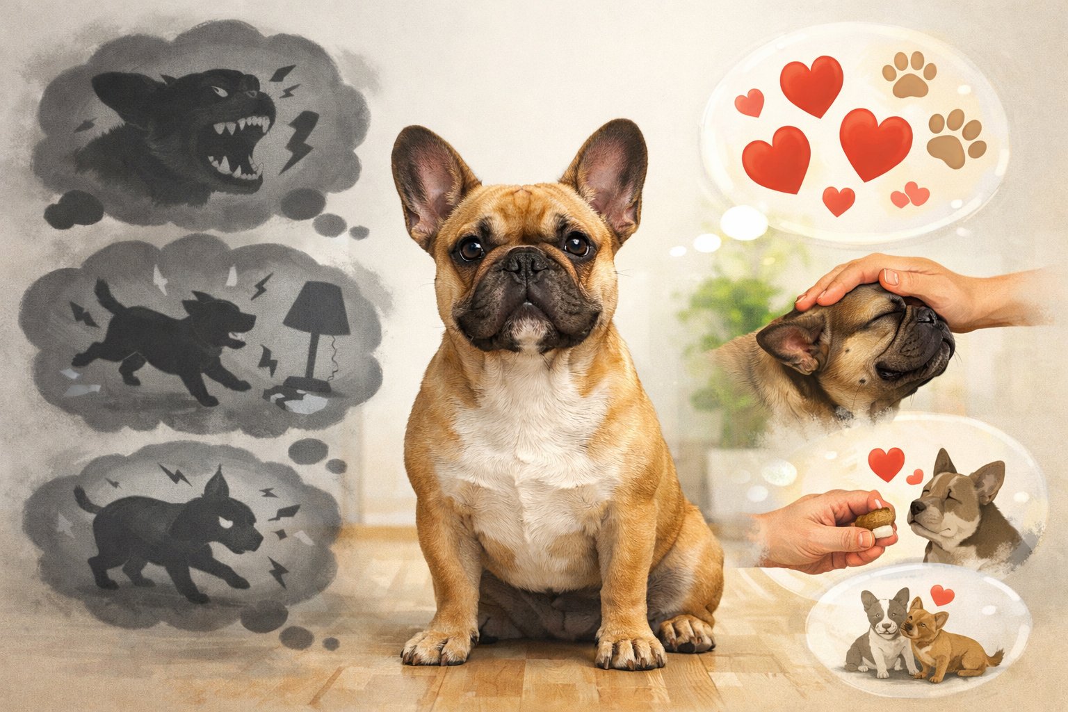 A calm French Bulldog sitting indoors surrounded by visual symbols representing common myths and facts about its temperament.