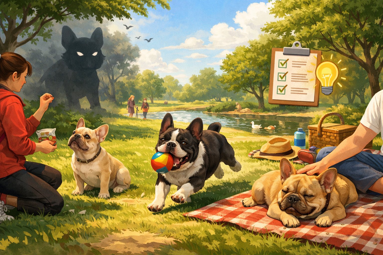 Several French Bulldogs playing, training, and resting with their owners in a sunny park.