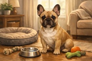 A French Bulldog sitting calmly in a cozy home environment with pet toys and a dog bed nearby.