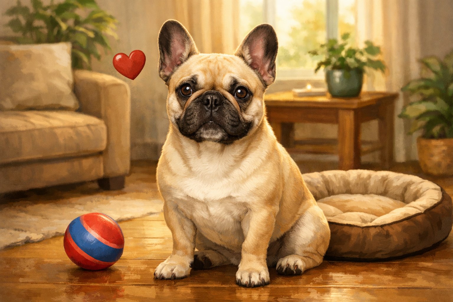 A French Bulldog sitting calmly in a cozy living room with a playful ball and a dog bed nearby.