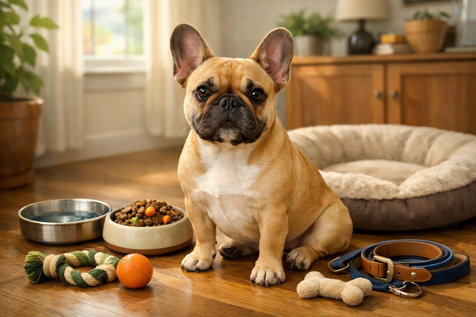 A French Bulldog sitting calmly indoors surrounded by dog care items like a water bowl, food, toys, and a leash.
