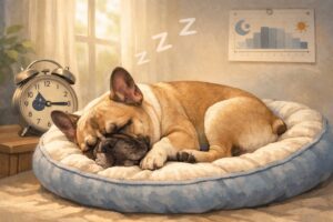 A French Bulldog sleeping peacefully on a cozy dog bed indoors with soft natural light.