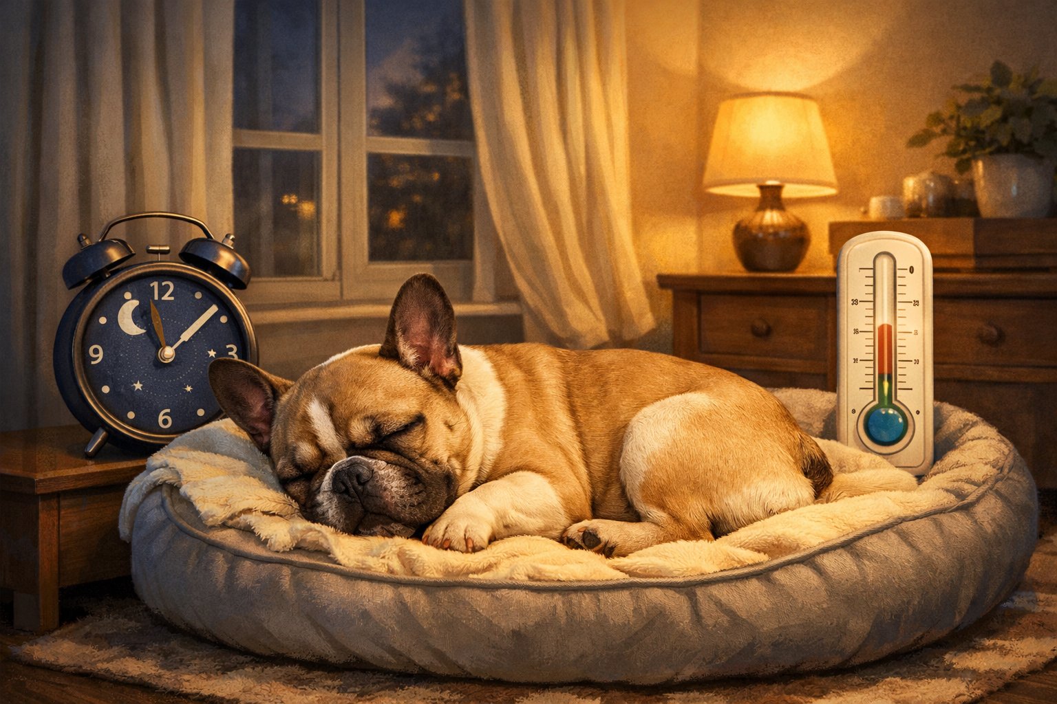 A French Bulldog sleeping peacefully on a soft bed in a calm indoor setting with elements suggesting a comfortable and quiet environment.