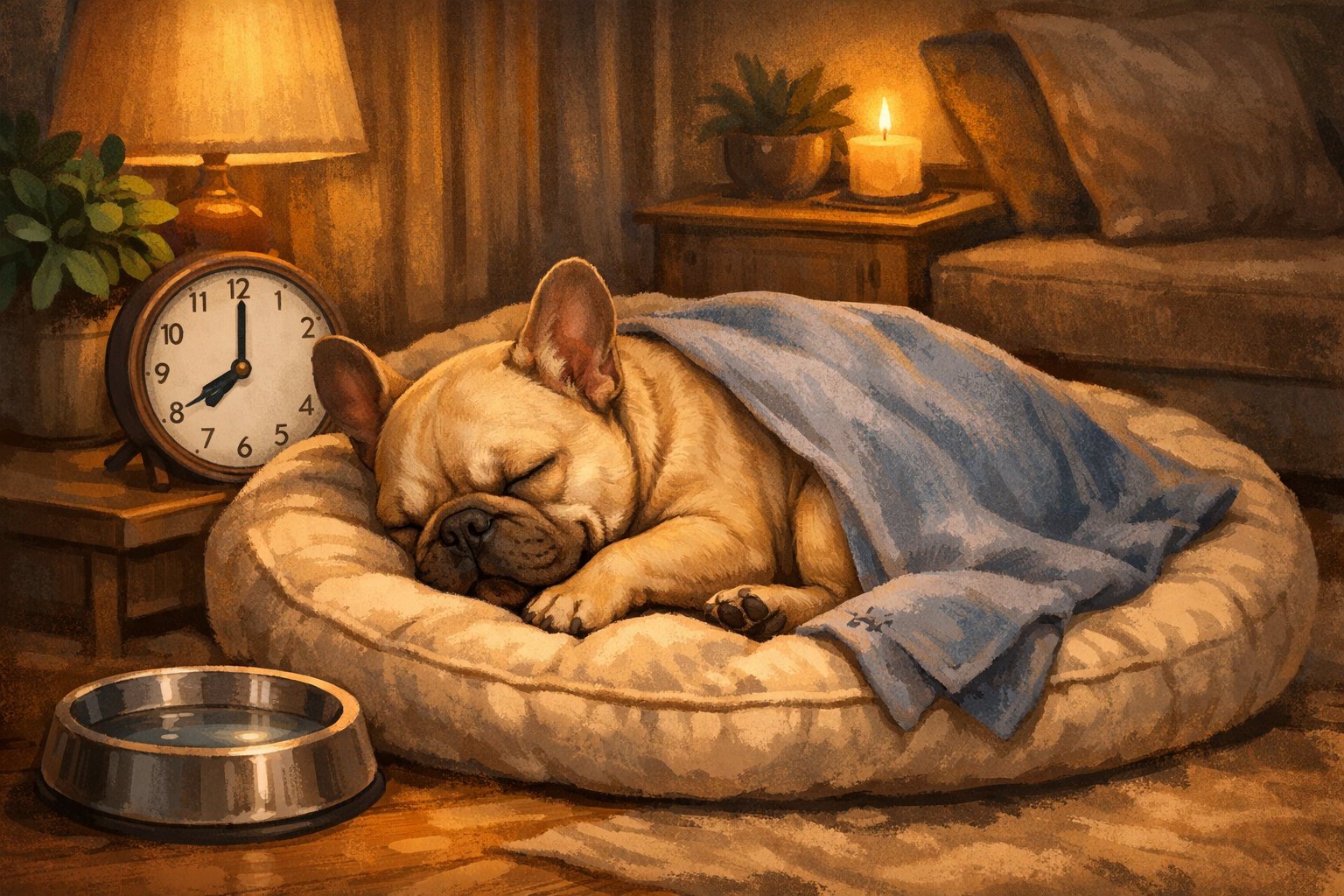 A French Bulldog sleeping peacefully on a dog bed in a cozy living room with a clock and a water bowl nearby.