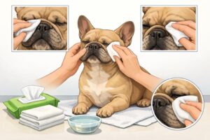 A person gently cleaning the wrinkles on a calm French Bulldog's face with a soft cloth.