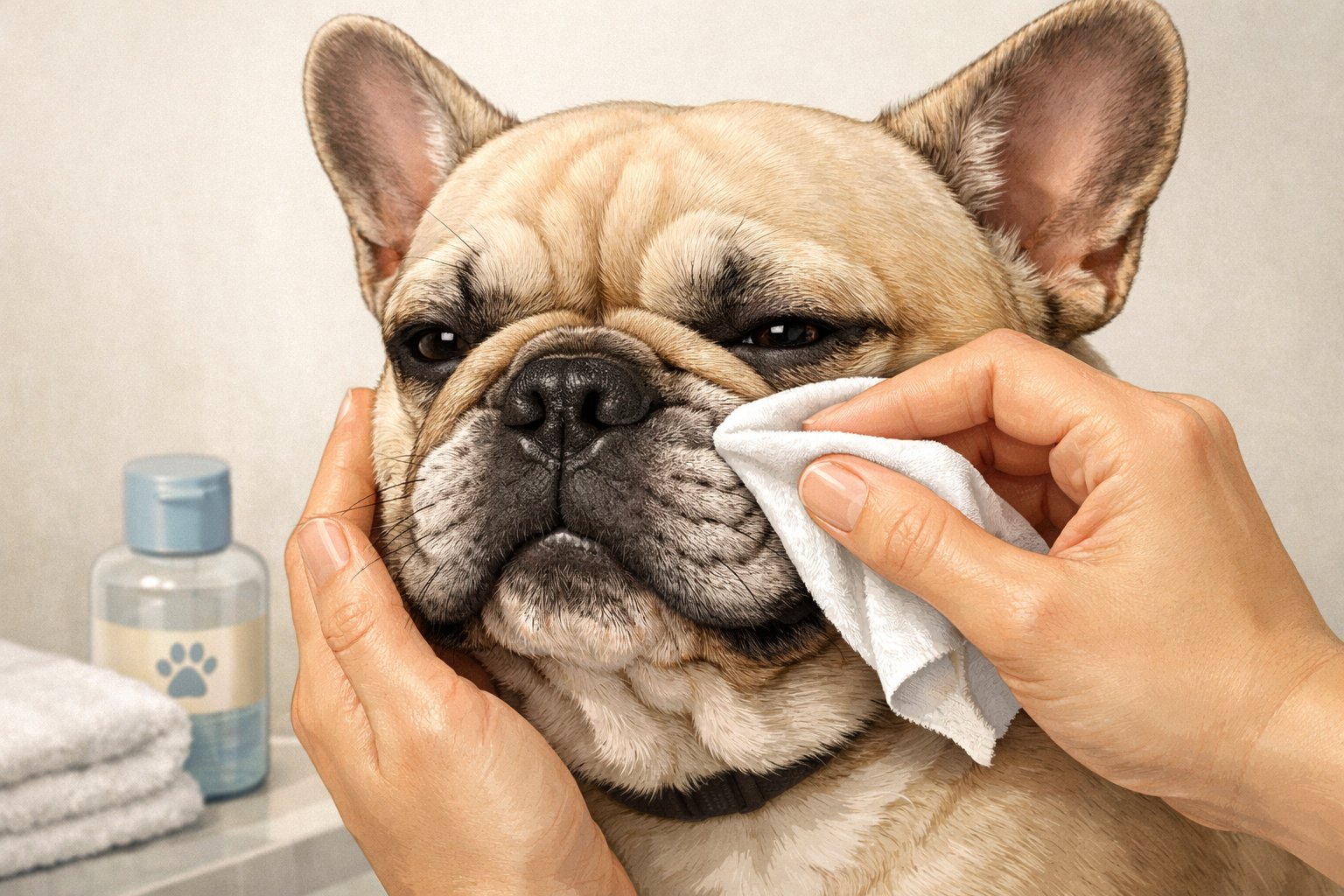 A person gently cleaning the wrinkles of a calm French Bulldog's face with a soft cloth.