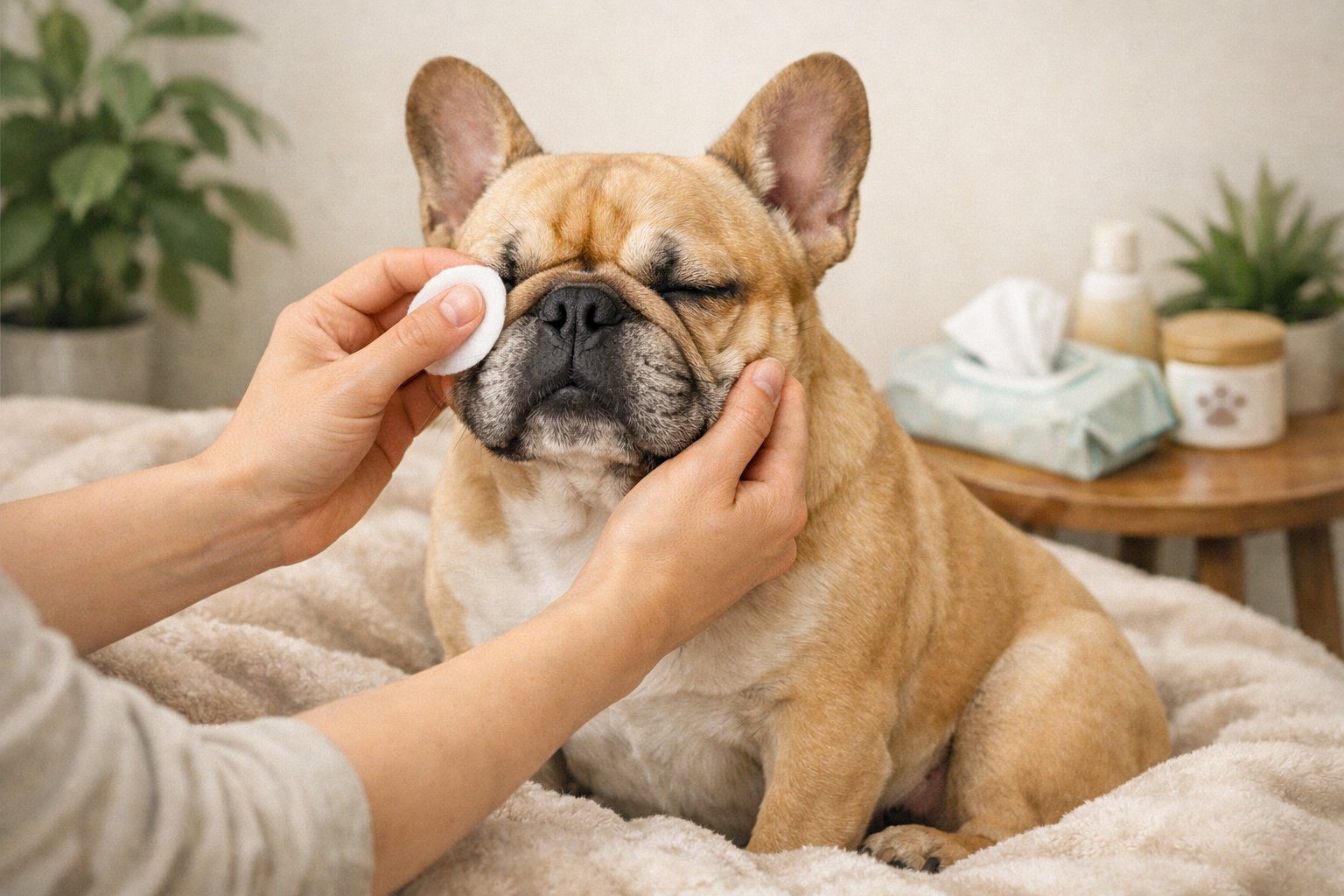 A person gently cleaning the facial wrinkles of a calm French Bulldog sitting comfortably indoors.