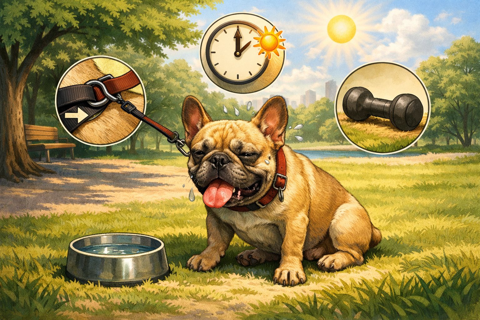 A French Bulldog resting in a park looking tired with symbols around it showing exercise mistakes like tight leash, exercising in hot sun, and inappropriate toys.