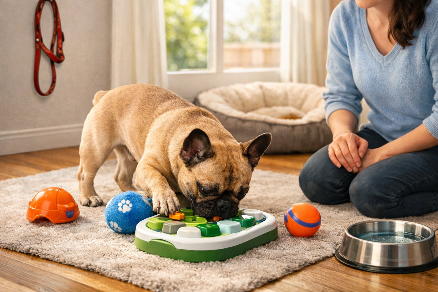 A French Bulldog playing with interactive toys indoors while a person watches nearby, emphasizing safe and healthy exercise.