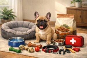 A French Bulldog puppy next to essential pet supplies including a dog bed, water bowl, toys, leash, food, grooming tools, and a first-aid kit in a cozy home setting.