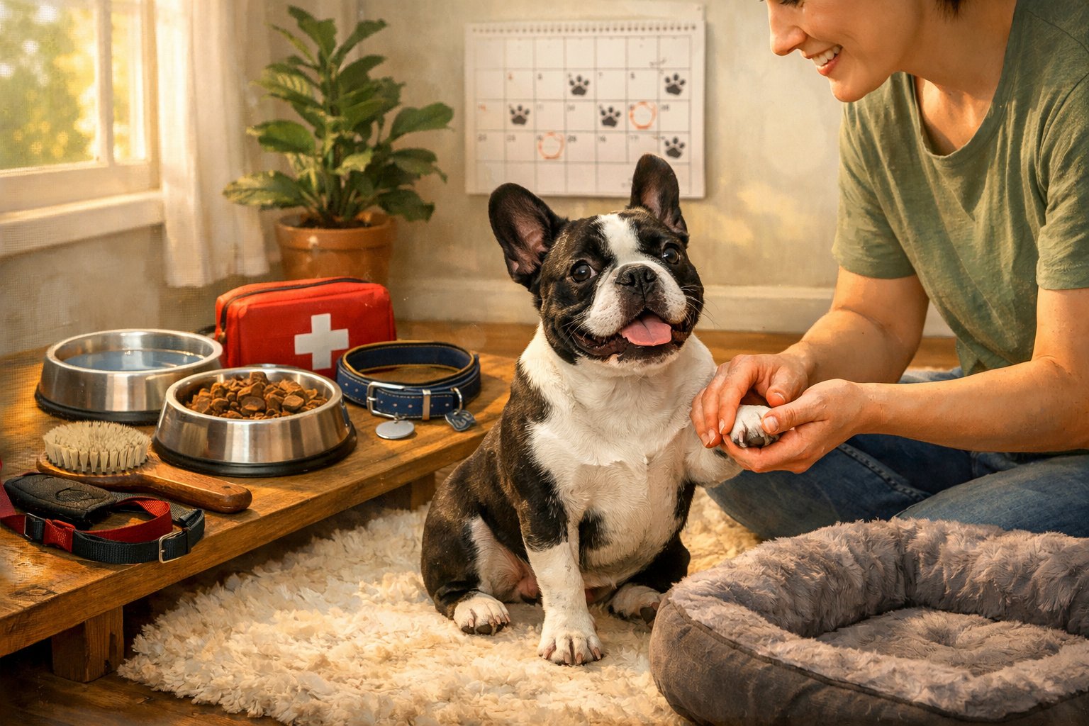 A person caring for a French Bulldog at home surrounded by pet care items like a brush, food bowl, leash, and first-aid kit.