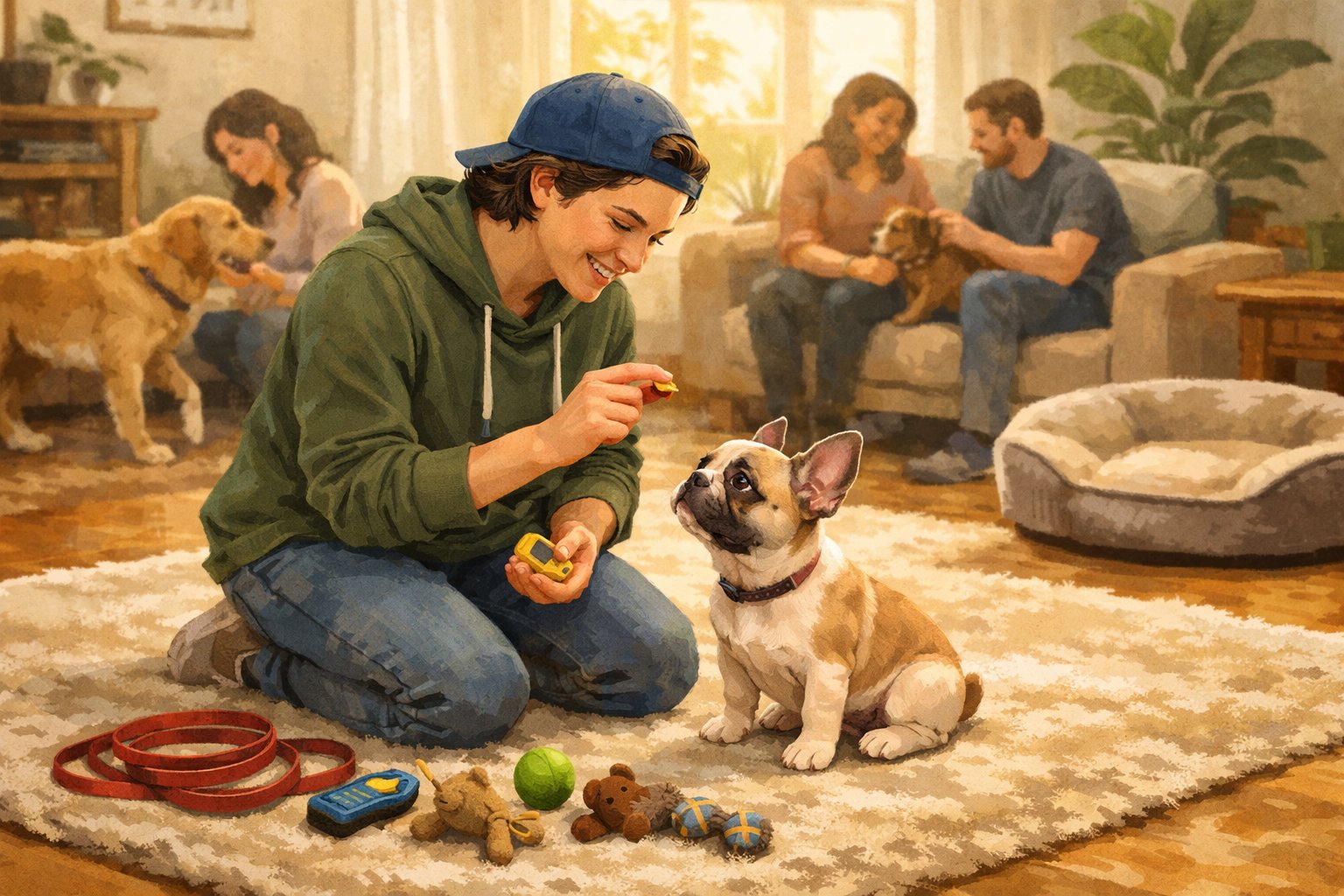 A person training a French Bulldog puppy indoors, with other dogs and people socializing in the background.