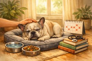 An elderly French Bulldog resting comfortably on a soft dog bed with a hand gently petting it, surrounded by items like a water bowl, dog food, and vet care books in a cozy home setting.
