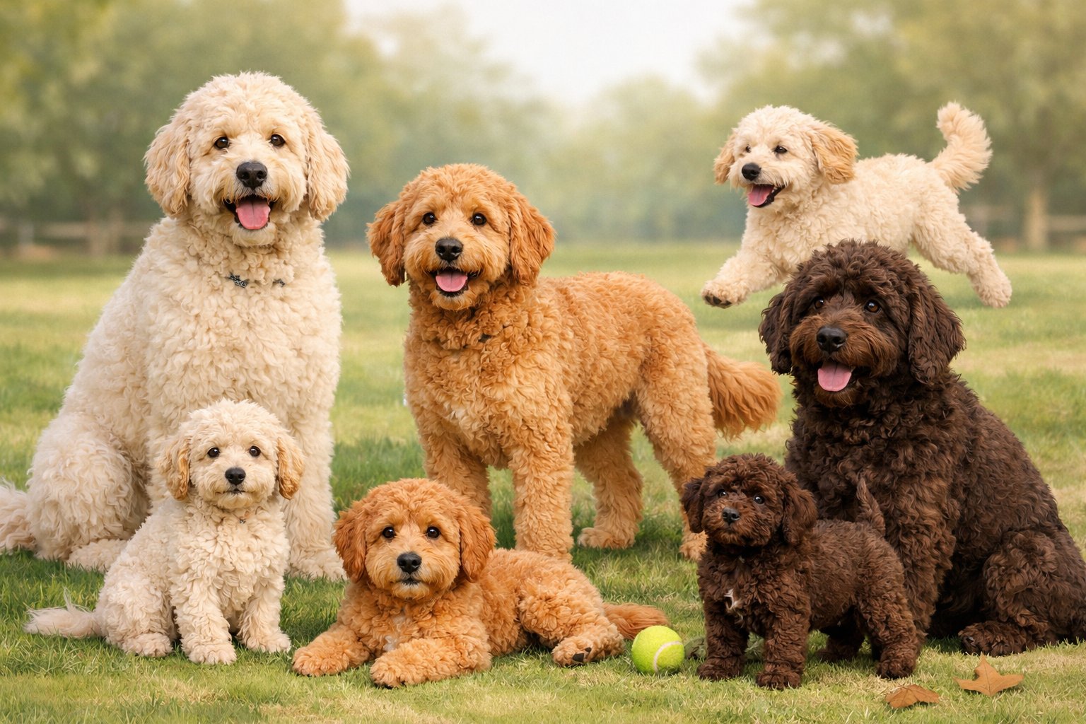 Several Labradoodle dogs of different sizes and coat colors standing and sitting in a calm outdoor setting.