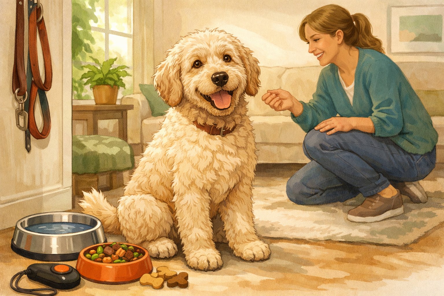 A Labradoodle sitting attentively in a cozy home with a person gently interacting, surrounded by dog care and training items.