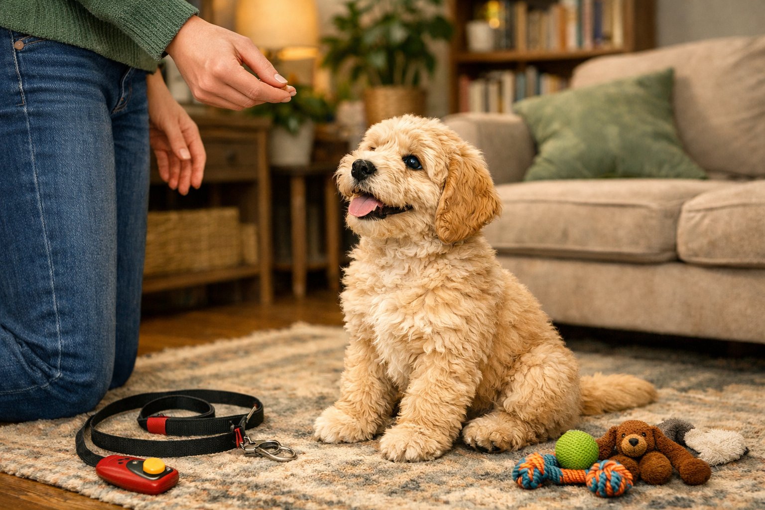 A Labradoodle puppy sitting attentively on a rug while a person offers a treat in a cozy living room.